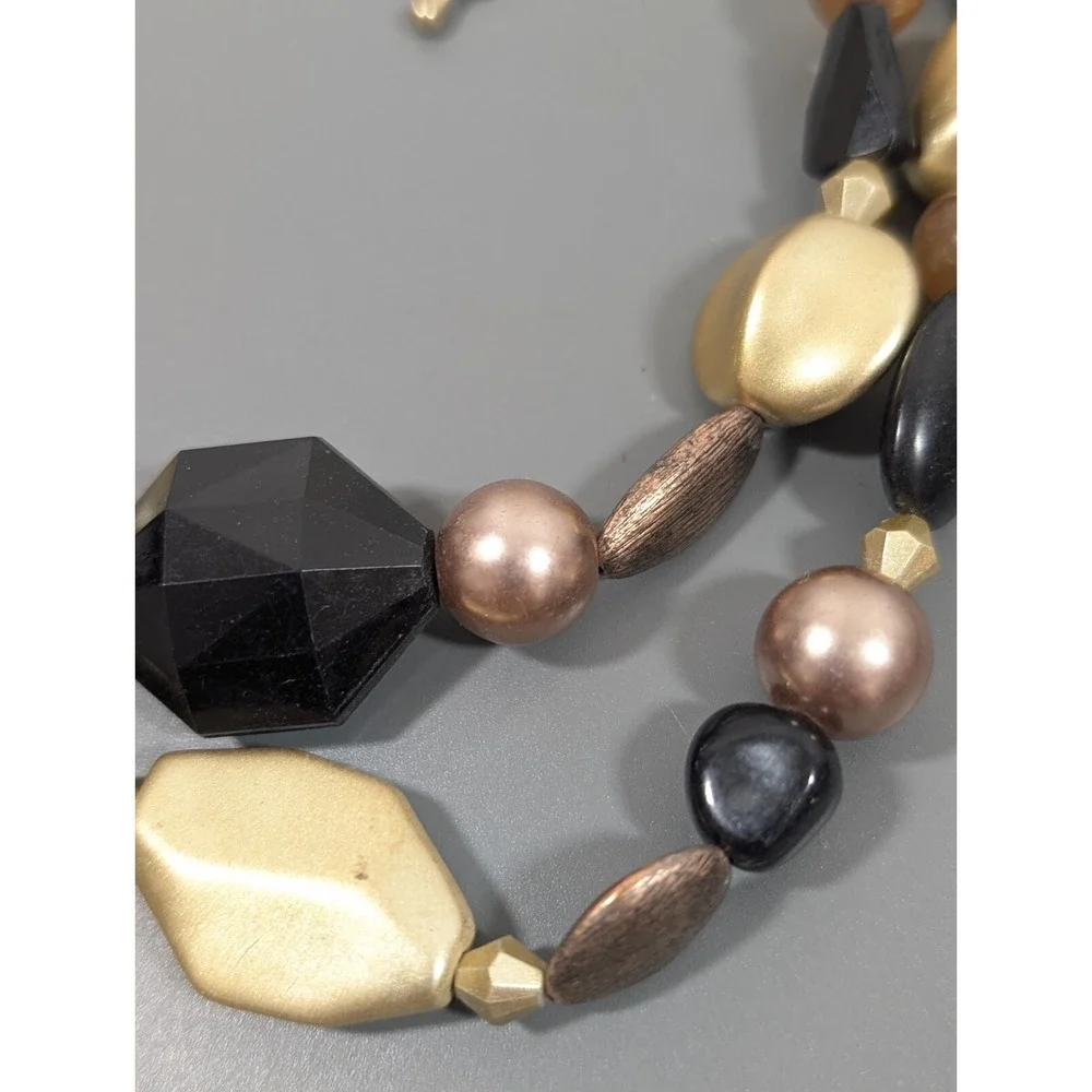 NYC‎ Gold Tone Matte Black Beige Faux Pearl Layered Statement Necklace 19